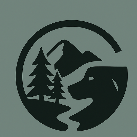 Logo of Gentle Way Canine with a Dog, trees, and mountains on a green background