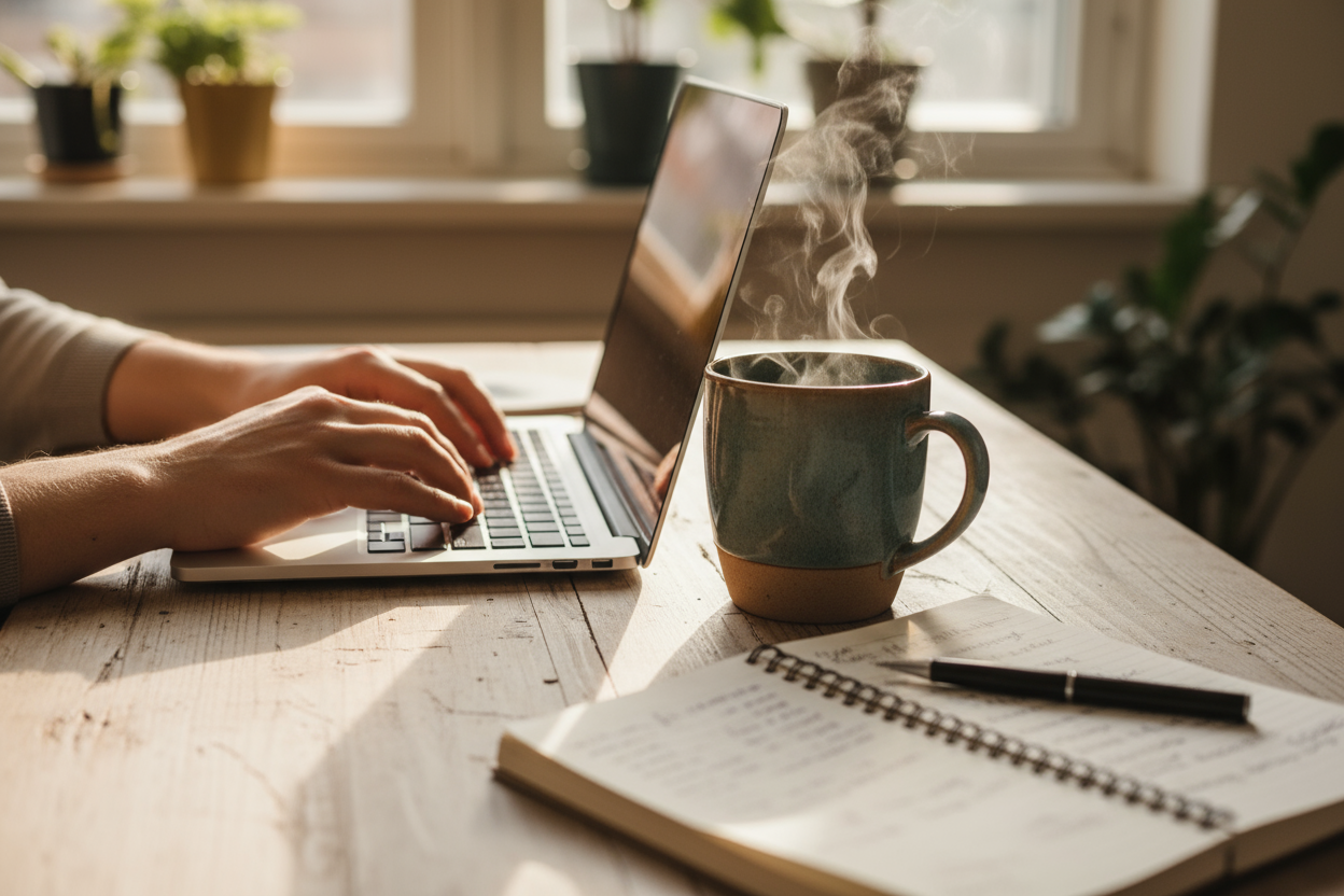 Add Coffee to the side and Notebook. More realistic look