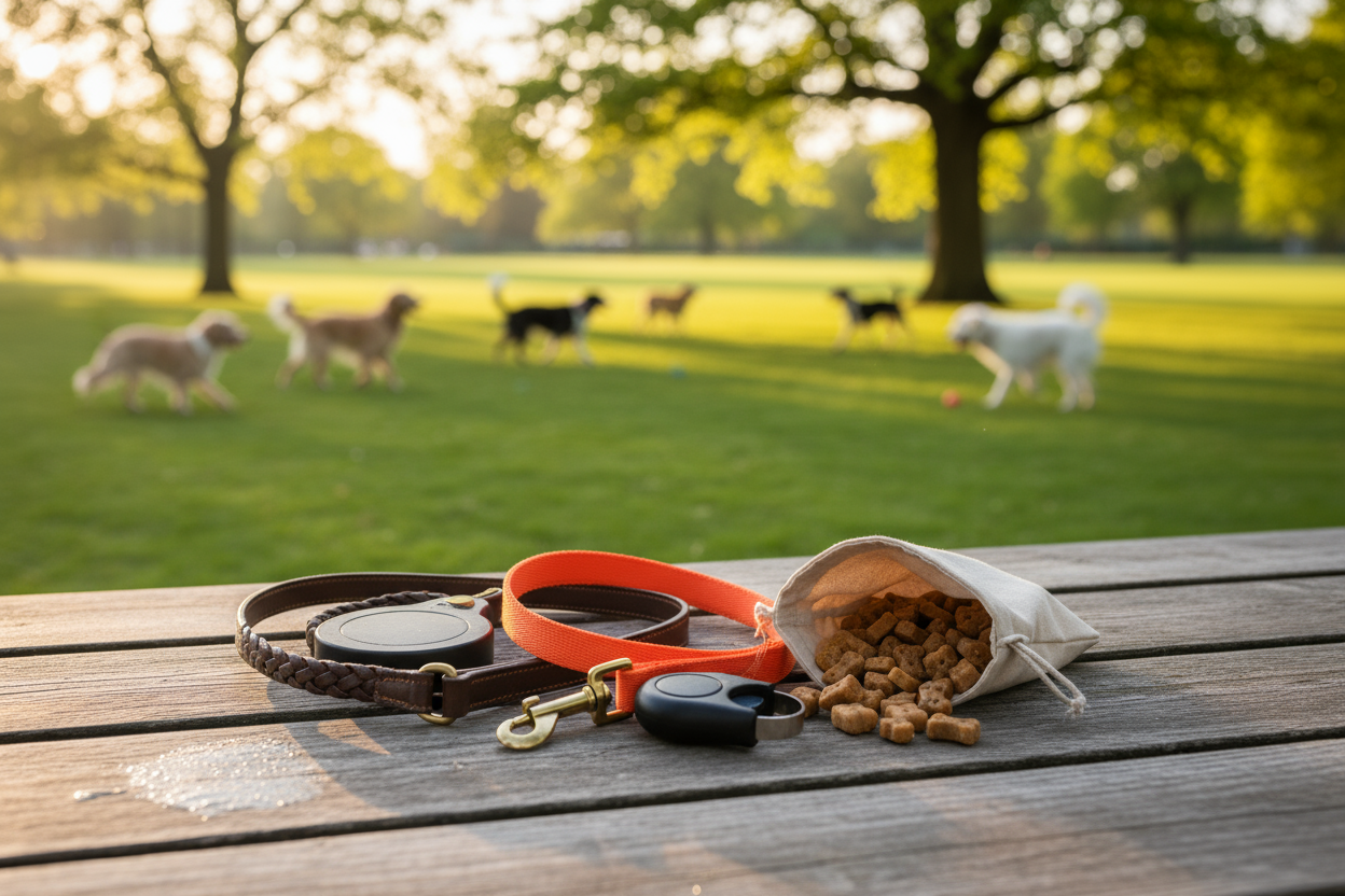 Keep the same setting and background. But have the main object of the image be of only leashes, treats, and a clicker